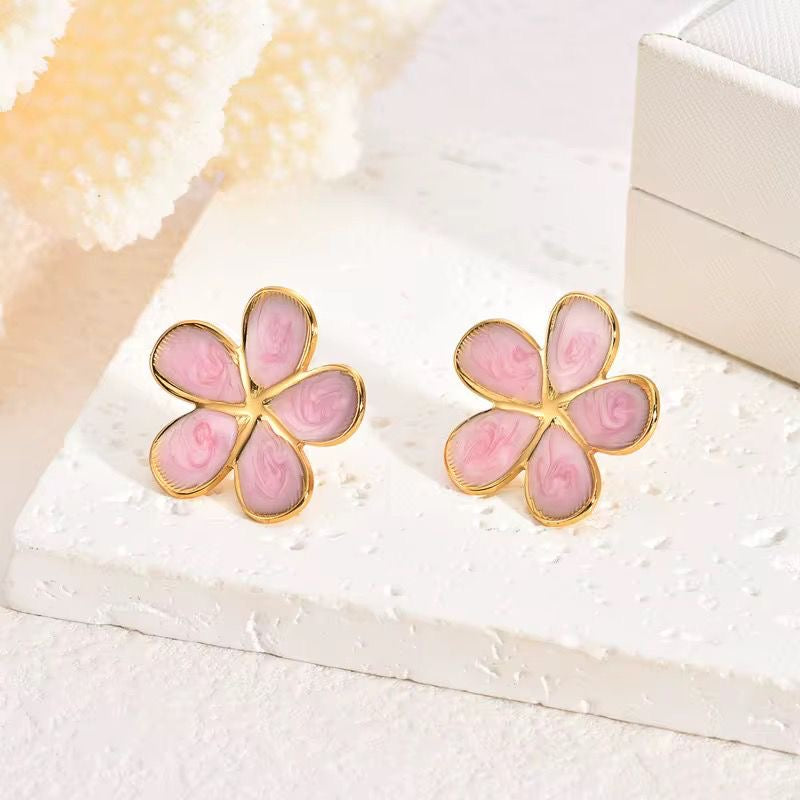 SJ 854 Pink plum flower stud - 18k Gold PVD plated stainless steel - Anti tarnish