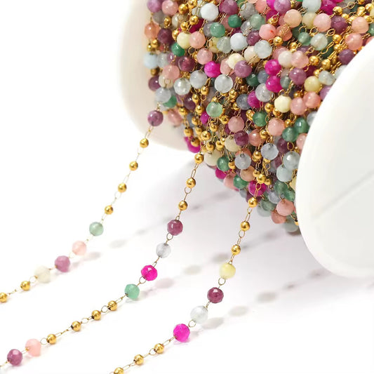 CN 67 Multicolour Pink toned Stone Crystal link Chain 18k Gold Stainless steel( 1 feet ) Anti tarnish ( .8 * 2 mm )