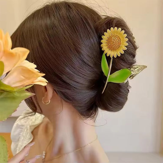 HA 48 Sunflower Floral Rhinestone Enamel Metal Hair Claw Clip ( 1 pc )