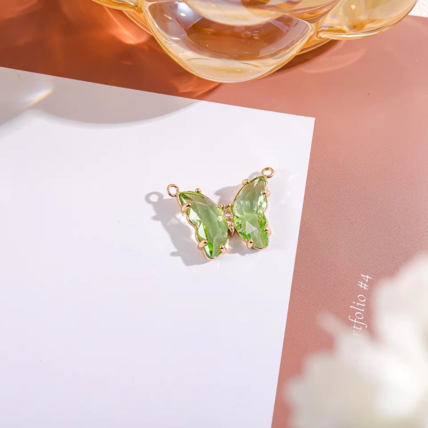 BBB 206 (m) Light Green Butterfly 14k gold plated Zircon crystal charm ( 1 pc ) Anti tarnish ( 22:16 mm )