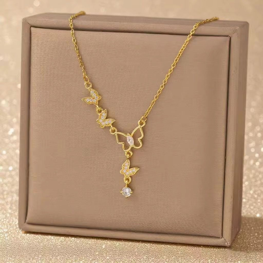 SJ 839 Dainty Zircon Butterfly Drop Necklace - 18k Gold PVD plated stainless steel - Anti tarnish