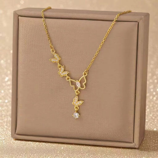 SJ 839 Dainty Zircon Butterfly Drop Necklace - 18k Gold PVD plated stainless steel - Anti tarnish