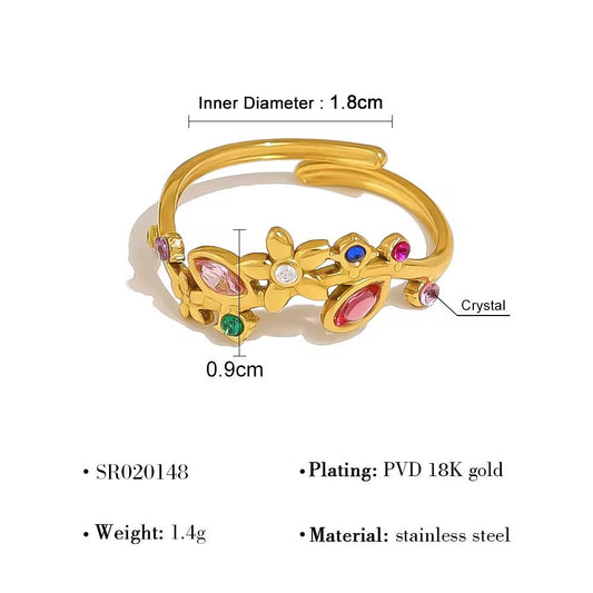 SJ 913 Zircon Leaf Floral Ring Adjustable - 18k Gold PVD plated stainless steel - Anti tarnish