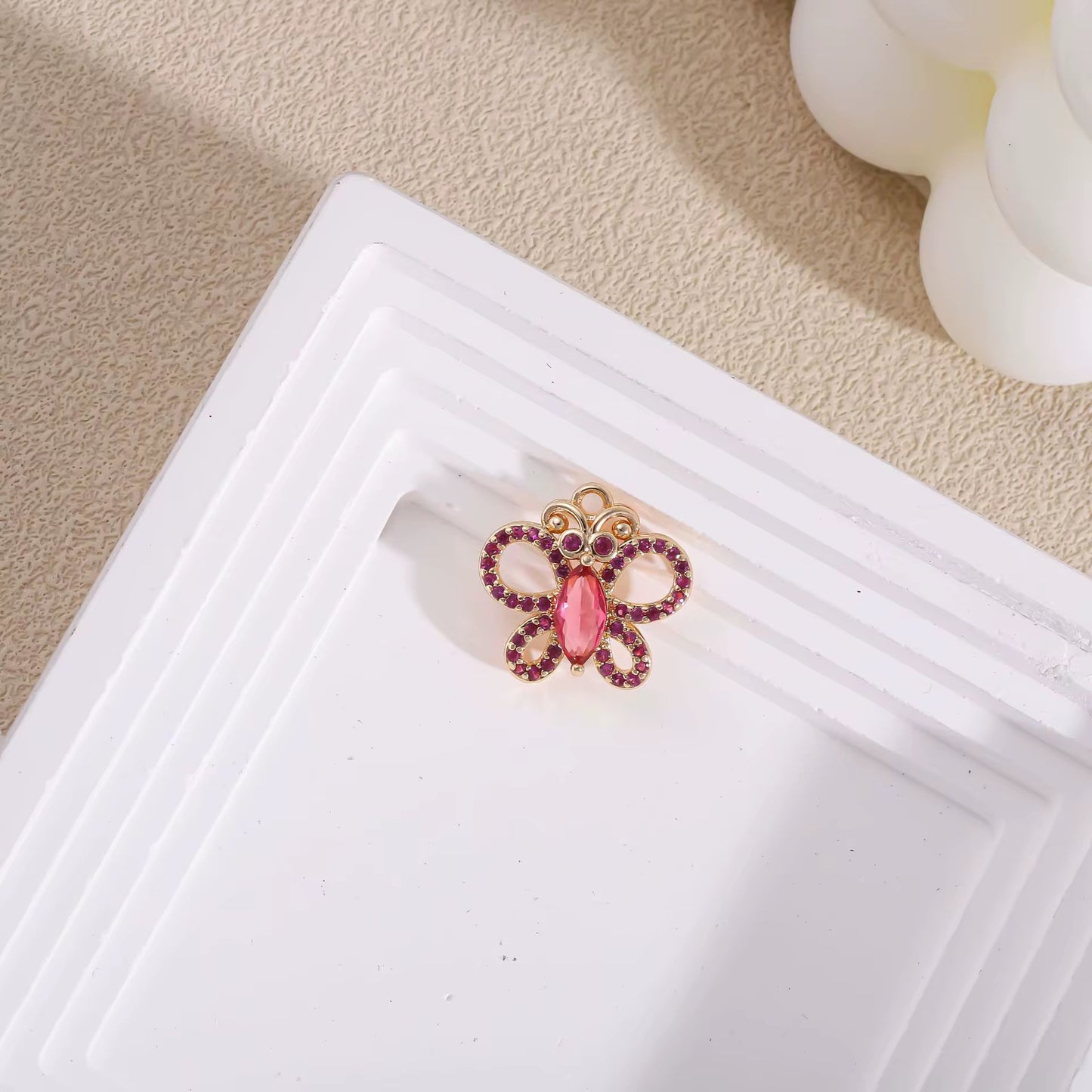 BBB 280 (b) Bright Pink Butterfly 14k gold plated Zircon crystal charm ( 1 pc ) Anti tarnish ( 16:16.5 mm )
