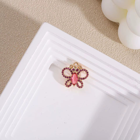 BBB 280 (b) Bright Pink Butterfly 14k gold plated Zircon crystal charm ( 1 pc ) Anti tarnish ( 16:16.5 mm )