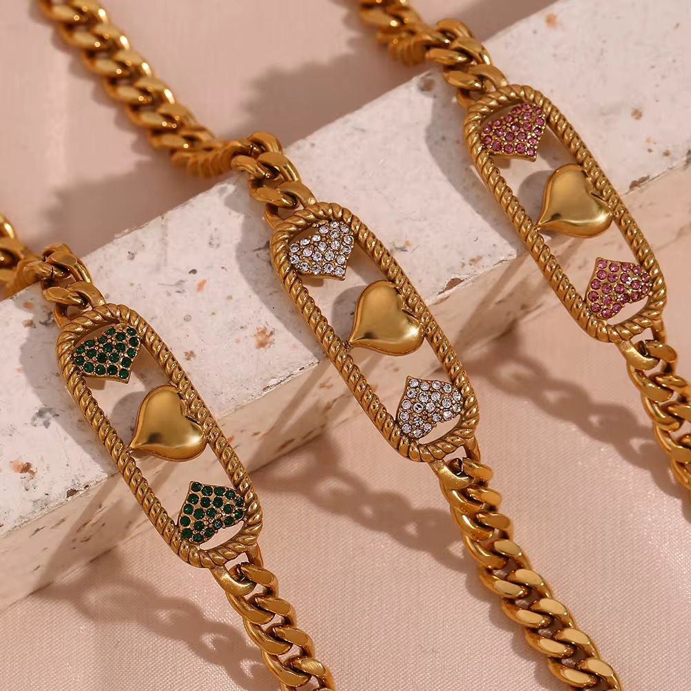 SJ 1012 Zircon Heart Chunky Bracelet - Premium Collection - 18k Gold PVD plated stainless steel - Anti tarnish