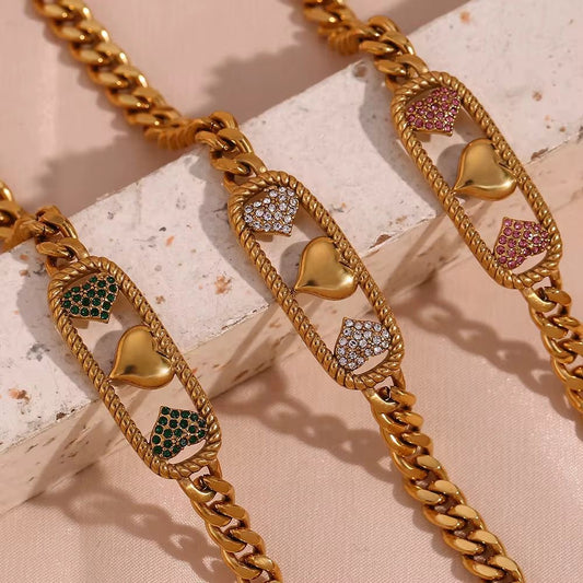 SJ 1012 Zircon Heart Chunky Bracelet - Premium Collection - 18k Gold PVD plated stainless steel - Anti tarnish