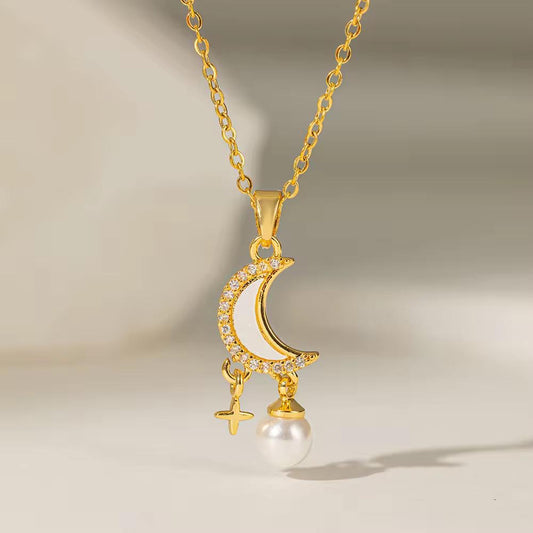 NSJ21C MOON ,SPARKLE & Peral Zircon Necklace - 18k Gold PVD plated 316 stainless steel - Anti tarnish
