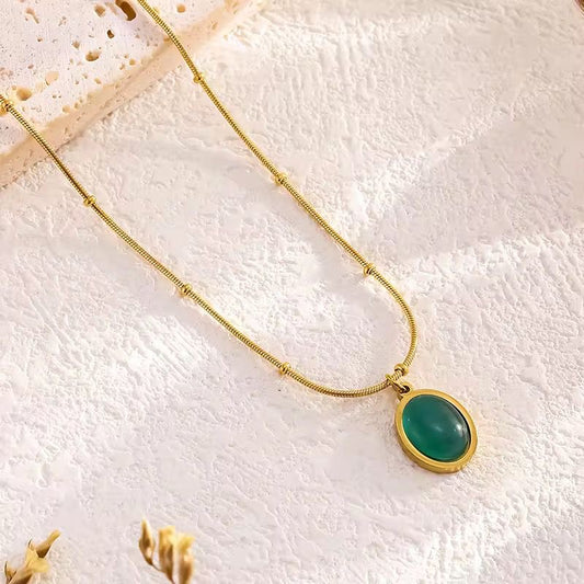 NSJ23D  green stone Necklace - 18k Gold PVD plated 316 stainless steel - Anti tarnish