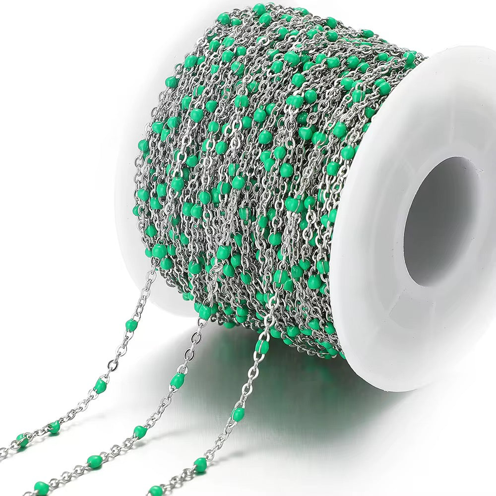 CN 353 Green Beaded Silver plated 316 Stainless steel chain ( 1 feet ) Anti tarnish