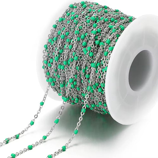 CN 353 Green Beaded Silver plated 316 Stainless steel chain ( 1 feet ) Anti tarnish