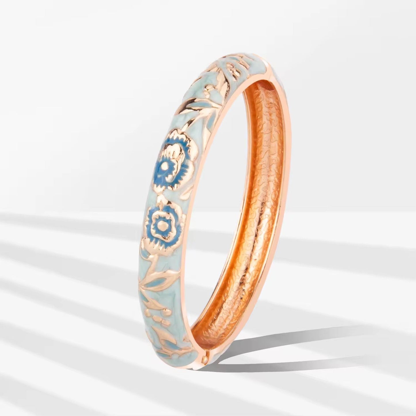 GP 14 Light Blue Rose Lotus Floral 10mm Cuff Bracelet 14k gold plated - Anti tarnish