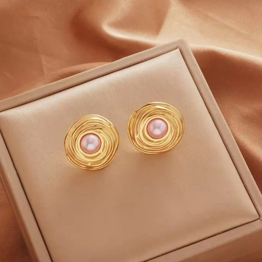 SJ 568 vintage pearl stud earrings - 18k Gold PVD plated stainless steel - Anti tarnis