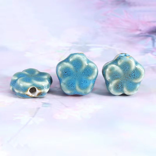 BBB 235 (e) Blue Floral Ceramic bead ( 1 pc ) Porcelian Ceramic ( 16mm )