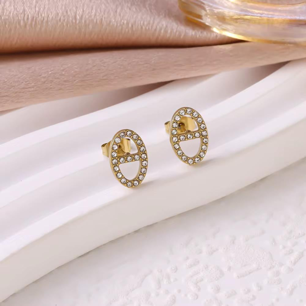 ESJ01E oval crystal diamond earring - 18k Gold PVD plated 316 stainless steel -Anti tarnish