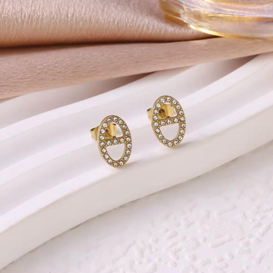 ESJ01E oval crystal diamond earring - 18k Gold PVD plated 316 stainless steel -Anti tarnish