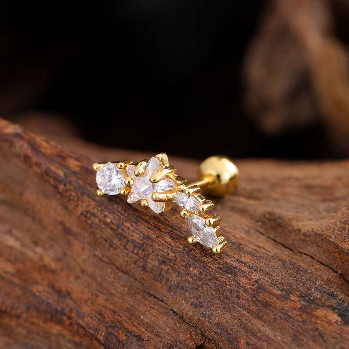 SJ 929 Star leaf Zircon kids / 2nd Piercing Stud ( 1 pc ) - 18k Gold PVD plated stainless steel - Anti tarnish