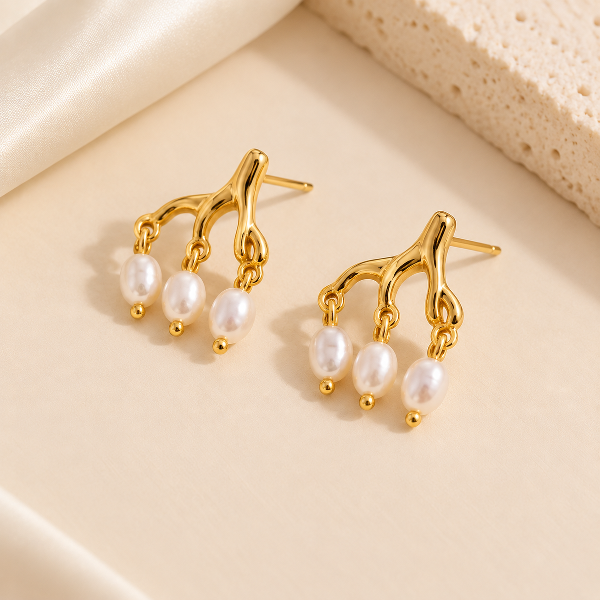 ESJ30F Coral pearl droplet Earrings 18k Gold PVD plated