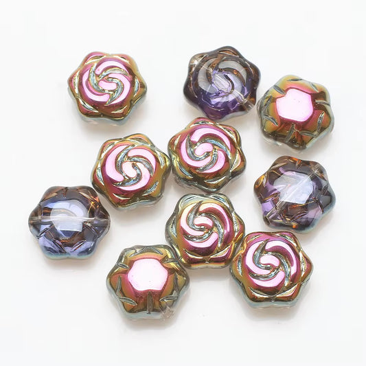 BBB 99 (a) Gold Rainbow Rose Flower plated Crystal glass beads ( 1 pc ) ( 16:15 mm )