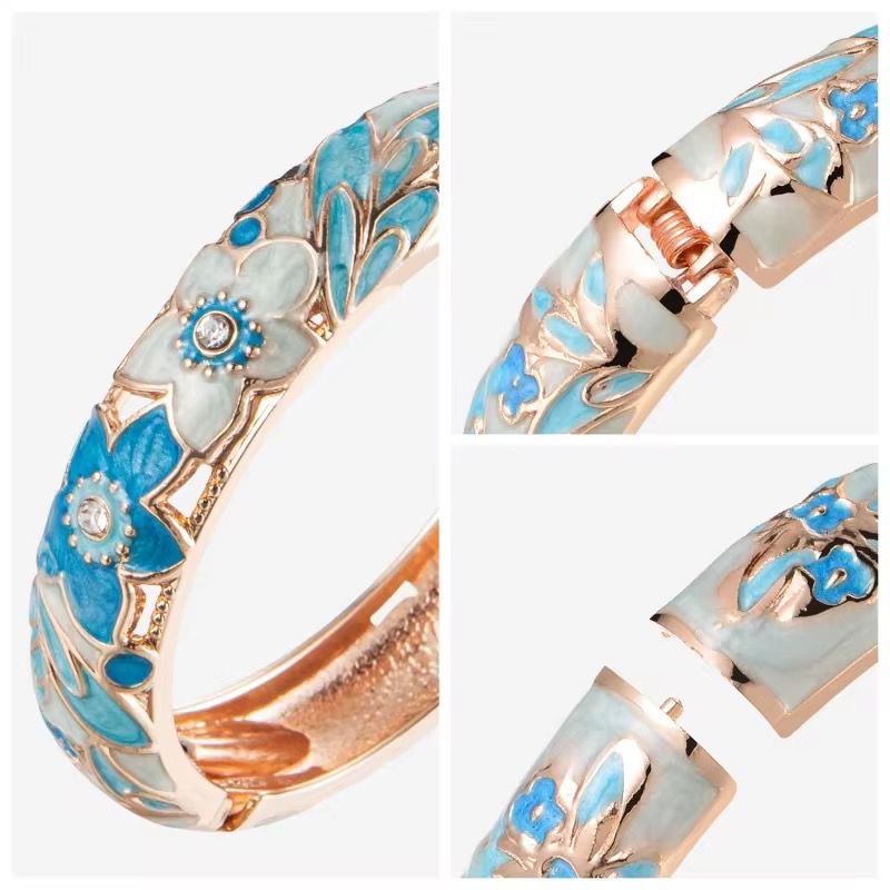 GP 08 Blue colourful Floral 10mm Cuff Bracelet 14k gold plated  - Anti tarnish