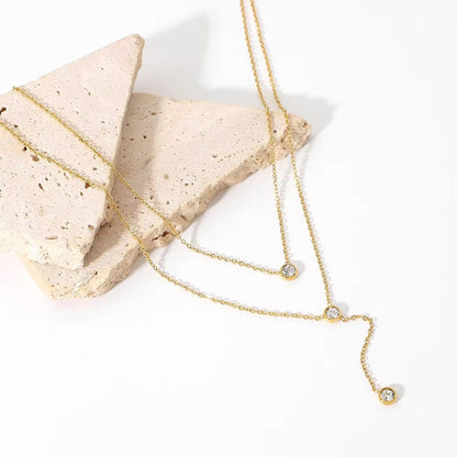 NSJ24F Dainty zircon double layer necklace - 18k Gold PVD plated stainless steel - Anti tarnish