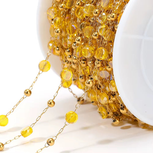 CN 336 Yellow Transparent round crystal  Handmade gold 316 Stainless steel chain ( 1 feet ) Anti tarnish
