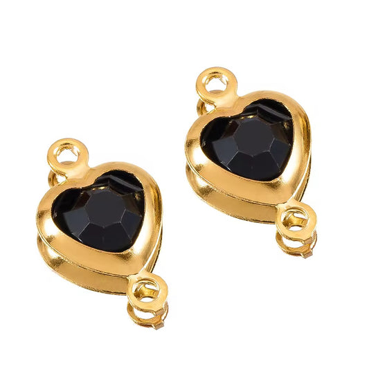 SS 2720 Black Heart Zircon Double loop connector - 18k Gold plated 316 stainless steel ( 1 pc ) Anti tarnish ( 7.5 * 12 mm )
