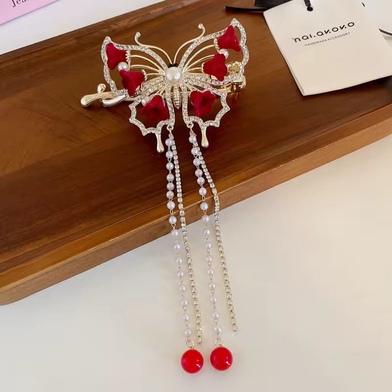 HA 40 Butterfly Rhinestone Pearl Metal Hair Clip with Dangling drop( 1 pc )