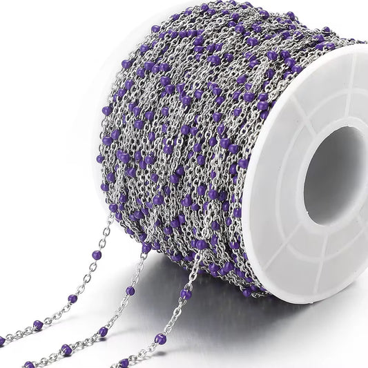 CN 354 Purple Beaded Silver plated 316 Stainless steel chain ( 1 feet ) Anti tarnish