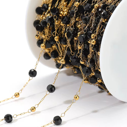 CN 343 Black round crystal  Handmade gold 316 Stainless steel chain ( 1 feet ) Anti tarnish