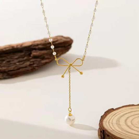 NSJ46B Bow pearl drop Necklace 18k Gold PVD plated