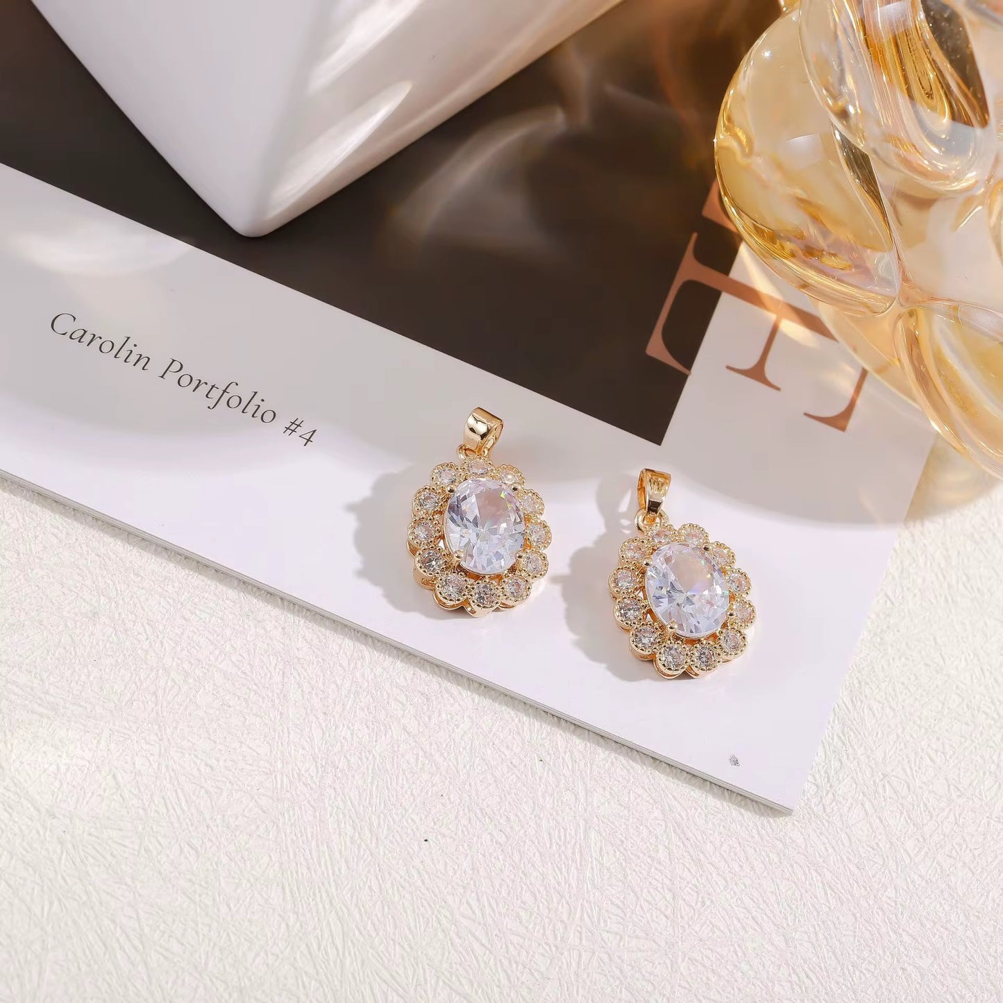 SS 1199 Oval Pendant 14k gold plated Zircon crystal charm ( 1 pc ) Anti tarnish ( 15:19 mm )