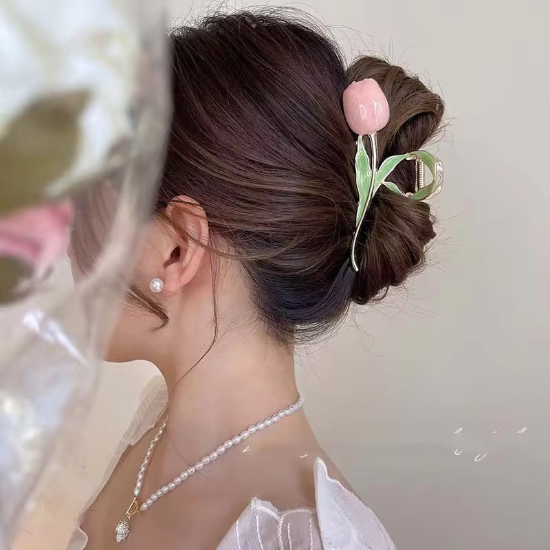 HA 47 Purple Tulip Floral Rhinestone Enamel Metal Hair Claw Clip ( 1 pc )