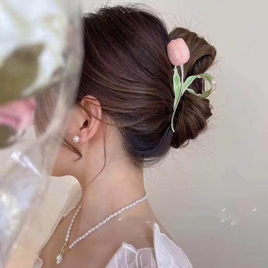 HA 47 Purple Tulip Floral Rhinestone Enamel Metal Hair Claw Clip ( 1 pc )