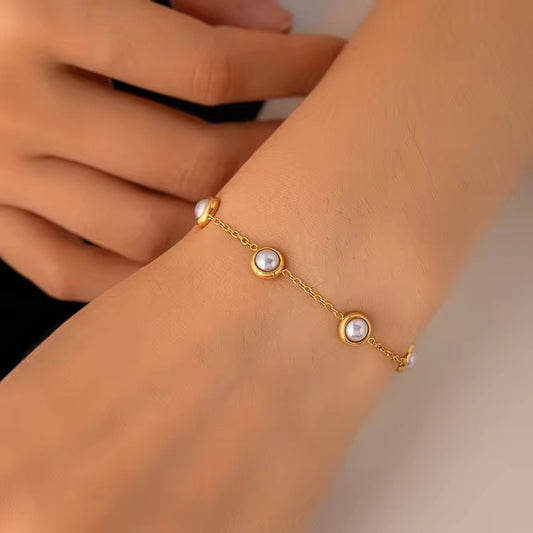 SJ 355 Pearl dainty Bracelet - 18k gold PVD plated stainless steel - Anti tarnish - Wholesale