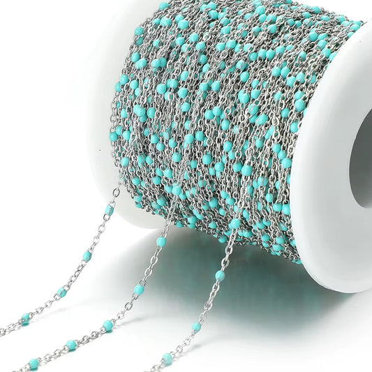 CN 357 Light Blue Beaded Silver plated 316 Stainless steel chain ( 1 feet ) Anti tarnish
