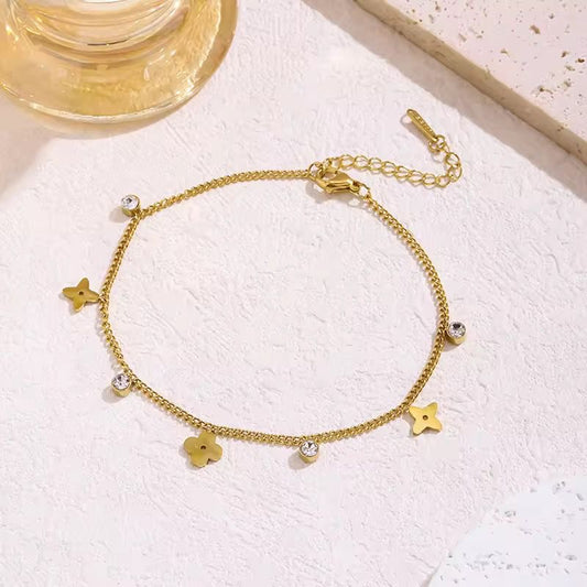 SJ 745 Dainty Zircon Clover Anklet / Bracelet - 18k Gold PVD plated stainless steel - Anti tarnish