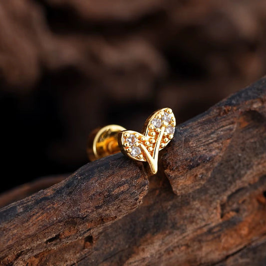 SJ 873 Leaf Zircon Cartilage 2nd Piercing Stud ( 1 pc ) - 18k Gold PVD plated stainless steel - Anti tarnish