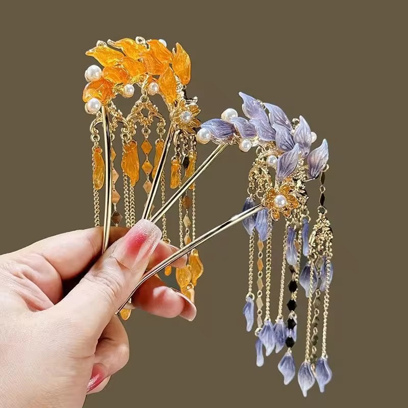 HA 32 Orange Glass Floral U shape Hair Sticks with Dangling Drops - Retro korean Style ( 1 pc )