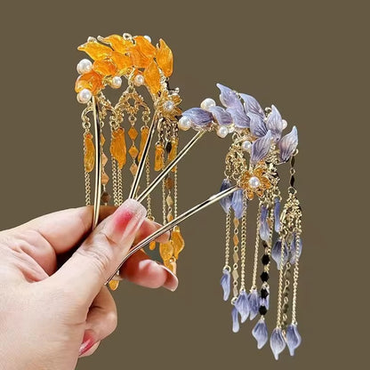 HA 32 Orange Glass Floral U shape Hair Sticks with Dangling Drops - Retro korean Style ( 1 pc )
