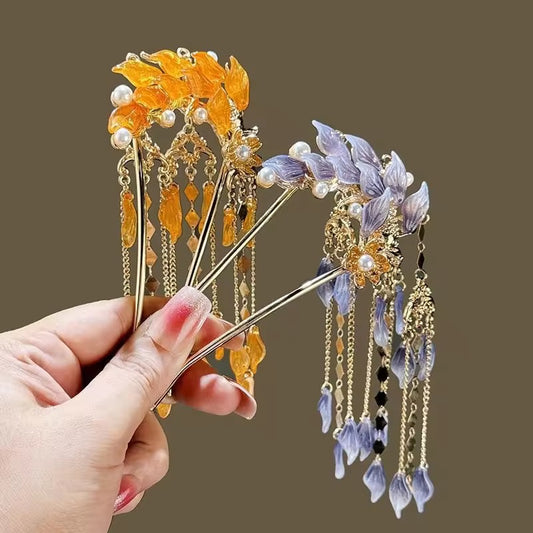 HA 42 Red Glass Floral U shape Hair Sticks with Dangling Drops - Retro korean Style ( 1 pc )