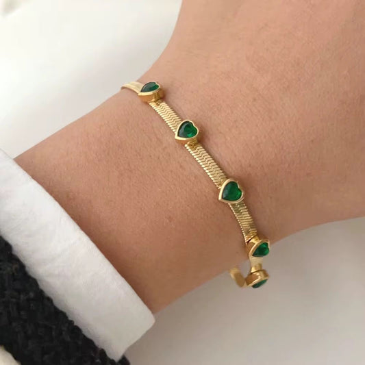 SJ 808 Emerald Heart snake chain bracelet - 18k Gold PVD plated stainless steel - Anti tarnish