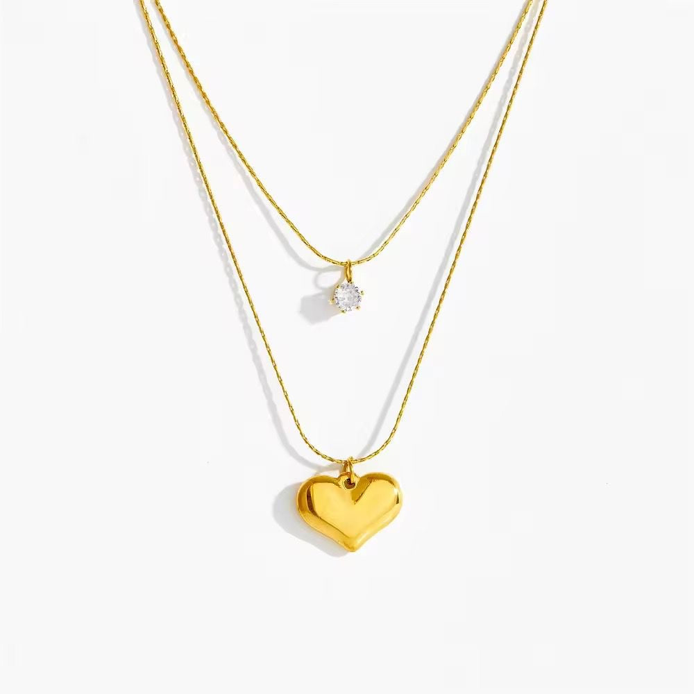 SJ 581 Heart Zircon dainty double layer necklace - 18k Gold PVD plated stainless steel - Anti tarnish