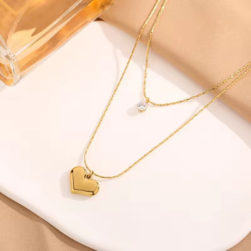 SJ 581 Heart Zircon dainty double layer necklace - 18k Gold PVD plated stainless steel - Anti tarnish