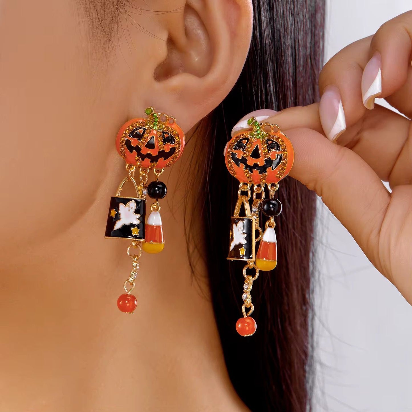 ESJ07F Cute Pumpkin Halloween chunky Drop earring  - 18k Gold plated Alloy - Anti tarnish