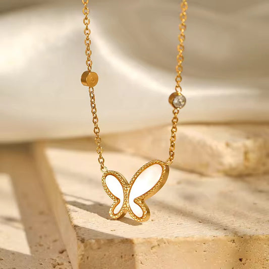SJ 344 White Butterfly Zircon Necklace - 18k gold plated stainless steel - Anti tarnish - Wholesale