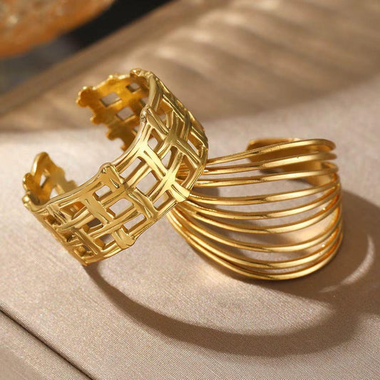 RSJ15E lattice & lines combo rings -  18k Gold PVD plated 316 stainless steel - Anti tarnish