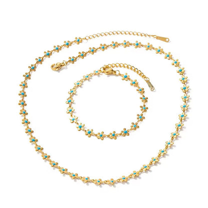BSJ12C BLUE FLORAL BRACELET  - 18k Gold PVD plated 316 stainless steel - Anti tarnish
