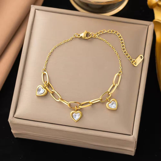 BSJ14D zircon Heart paper clip Bracelet  - 18k gold PVD plated 316 stainless steel - Anti tarnish