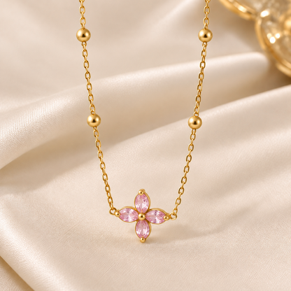 NSJ48C Pink Clover Necklace 18k Gold PVD plated